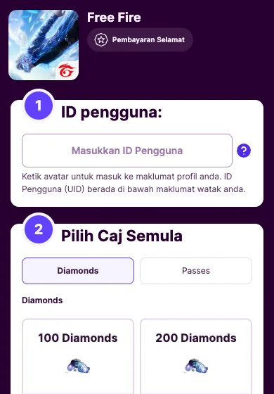Borang top up Free Fire di Codashop Malaysia dengan satu kotak Masukkan ID Pengguna dan pilihan pakej diamond