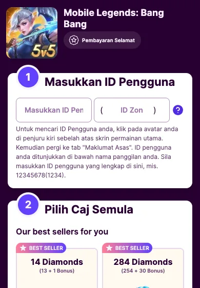 Borang top up Mobile Legends di Codashop Malaysia dengan kotak Masukkan ID Pengguna dan ID Zon, serta arahan mencari ID dalam permainan